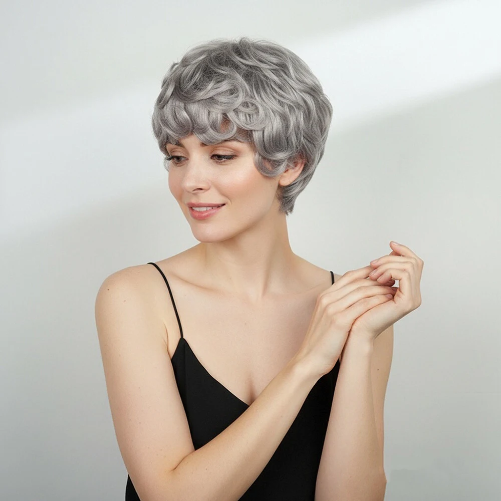 فضي رمادي البيض مجعد الباروكات قصيرة عابث قطع شعر مستعار مع الانفجارات قبل قطعها للنساء الشعر البرازيلي آلة صنع قبعة 100% الشعر البشري