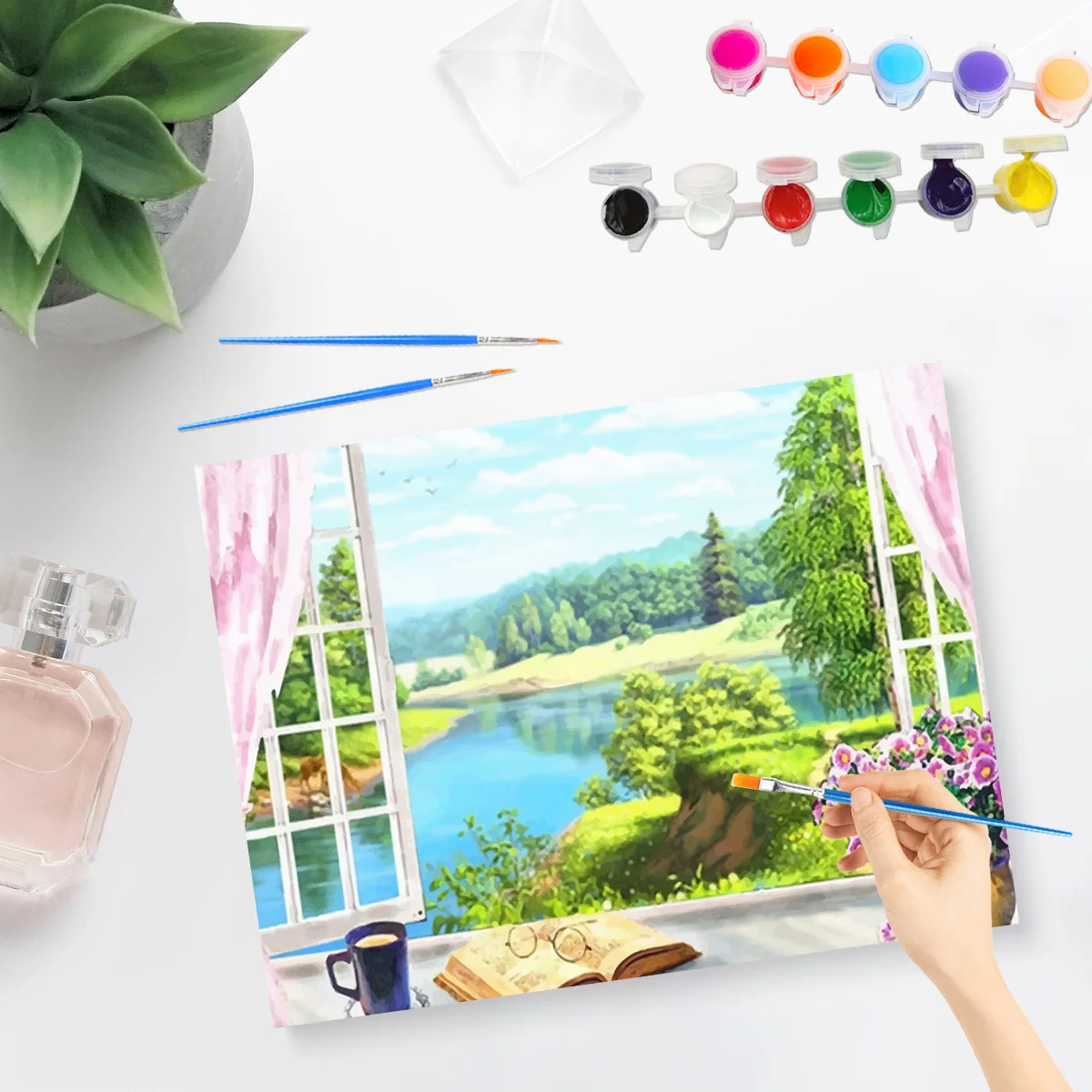 PhotoCustom Painting By Numbers For Adults Tree Creek With Frame Picture Numbers Diy Handpainted Landscape Home Wall Decor Gift