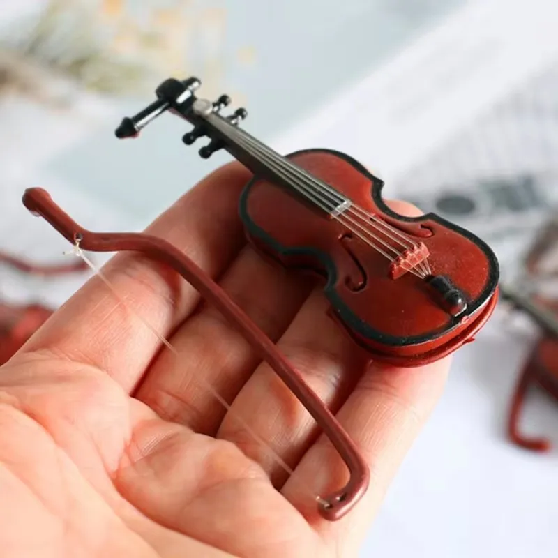 pandar Mini Violins Ornament Miniature Violins Model with Stand Case Dollhouse