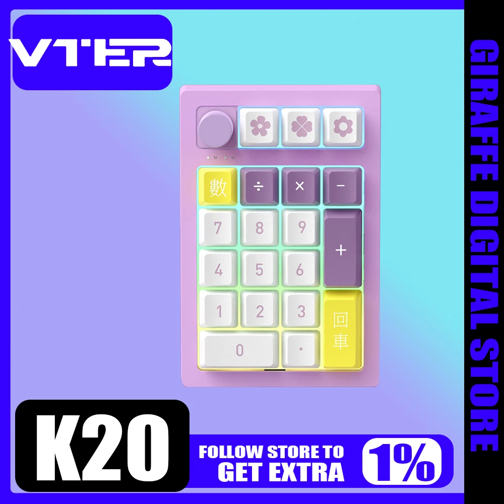 VTER K20 لوحة المفاتيح الميكانيكية RGB مقبض معدني ثلاثة أوضاع لوحة المفاتيح اللاسلكية الصغيرة Numpad مخصص الساخن مبادلة ألعاب الملحقات ﻿ الهدايا