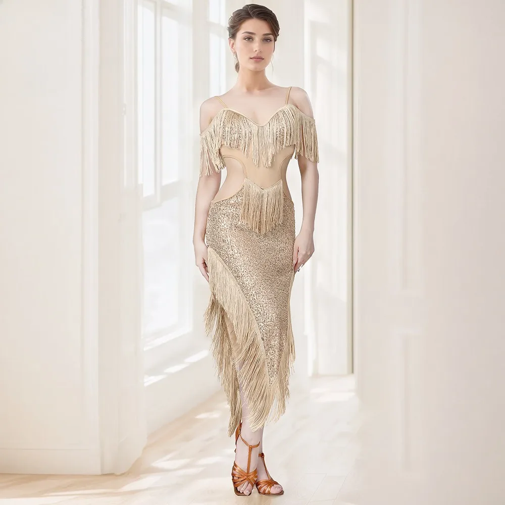 فستان رقص لاتيني بشراشيب ترتر للسيدات - تنورة مسابقة الرقص الشرقي بحاشية غير منتظمة زي أداء المسرح اللامع