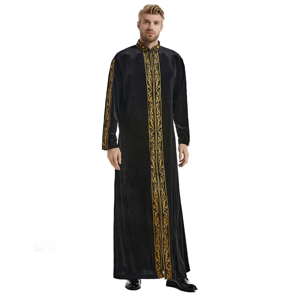 Middle East Muslim Gold Velvet Embroidery Men\'s Robe Arabian Islamic Prayer Dress National Costume Noble Luxury Long-sleeved Top