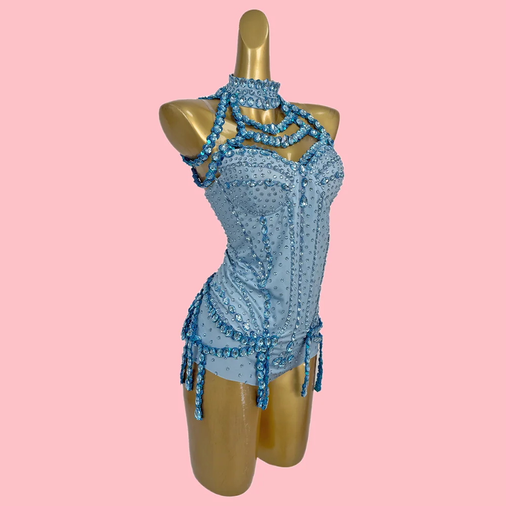 

Designer Blue Rhinestone Tassel Party Bodysuits Women Show One Piece Jumpsuits Singer Gogo Dancer Outfit Festival Costumes