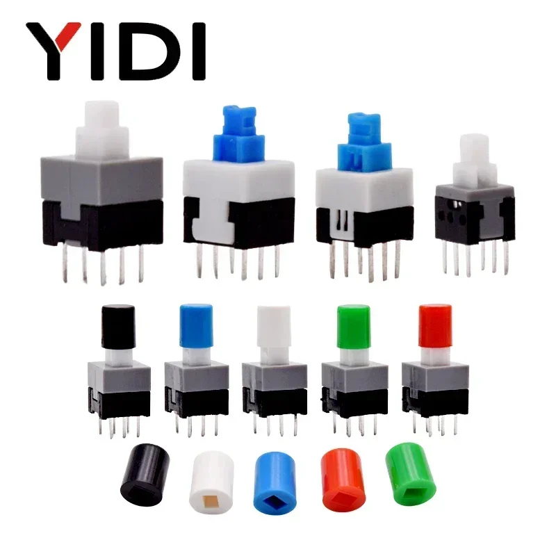 10pcs Tact Tactile Mini On Off Self-Locking Switch Push Button Momentary Latching 5.8*5.8/7*7/8*8/8.5*8.5mm DIP 6 Pin With Cap