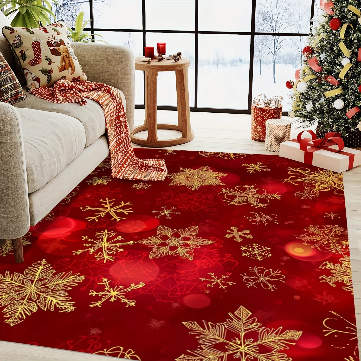 Golden Snowflake Christmas Area Rug - Featuring Red and Gold Design, for Living Room, Bedroom or Entryway,Christmas Decorations