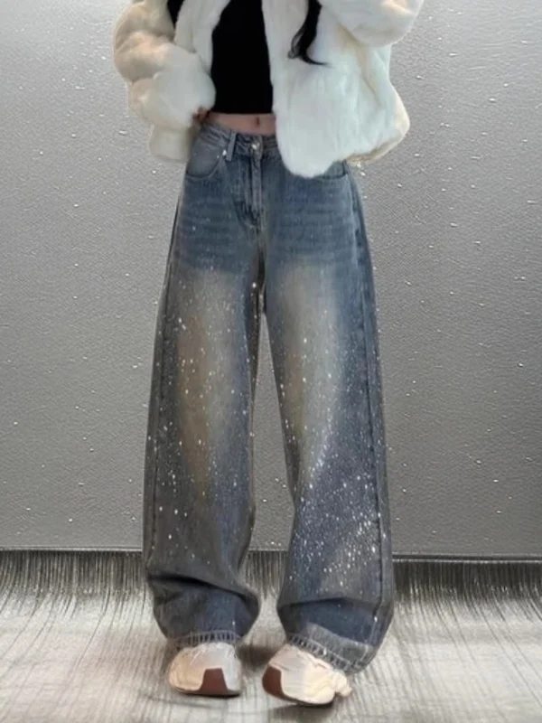 

Spring 2026 High Waist Wide Leg Denim Jeans Women's Faion Street Sle Heavy Wa Diamond Embellied Floor-Length Pants