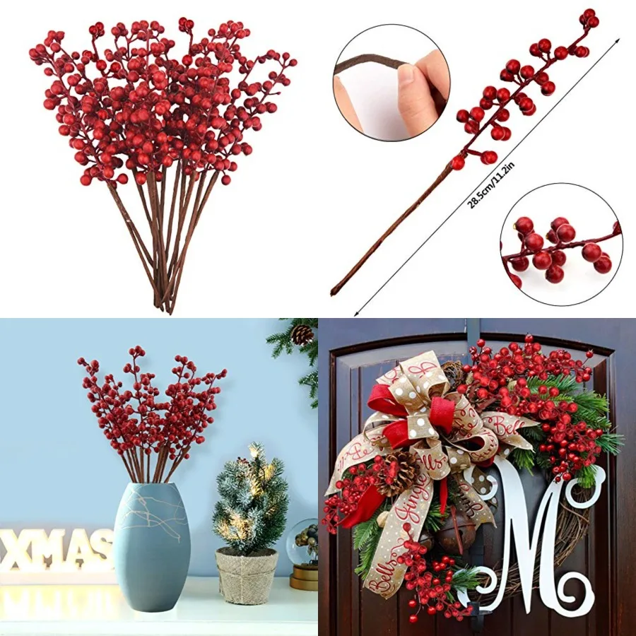 12 حزمة من فروع سيقان التوت الأحمر الاصطناعي وهمية بورجوندي بيري يختار لشجرة عيد الميلاد عيد الميلاد عيد الحب إكليل الزينة Hol #1