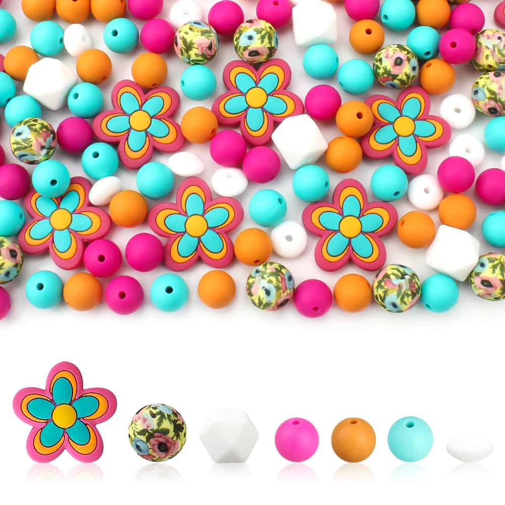 30pcs Silicone Bohemian Style Flower Focal Beads Printed Round Spacer Beads For Jewelry Pen Bead Making DIY Crafts Home Decor