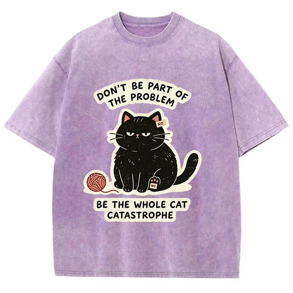 Women T‑Shirt Washed Vintage Black Cat Graphic Tees Be The Whole Cat Catastrophe Quote Print Casual Oversized Short Sleeve Lady