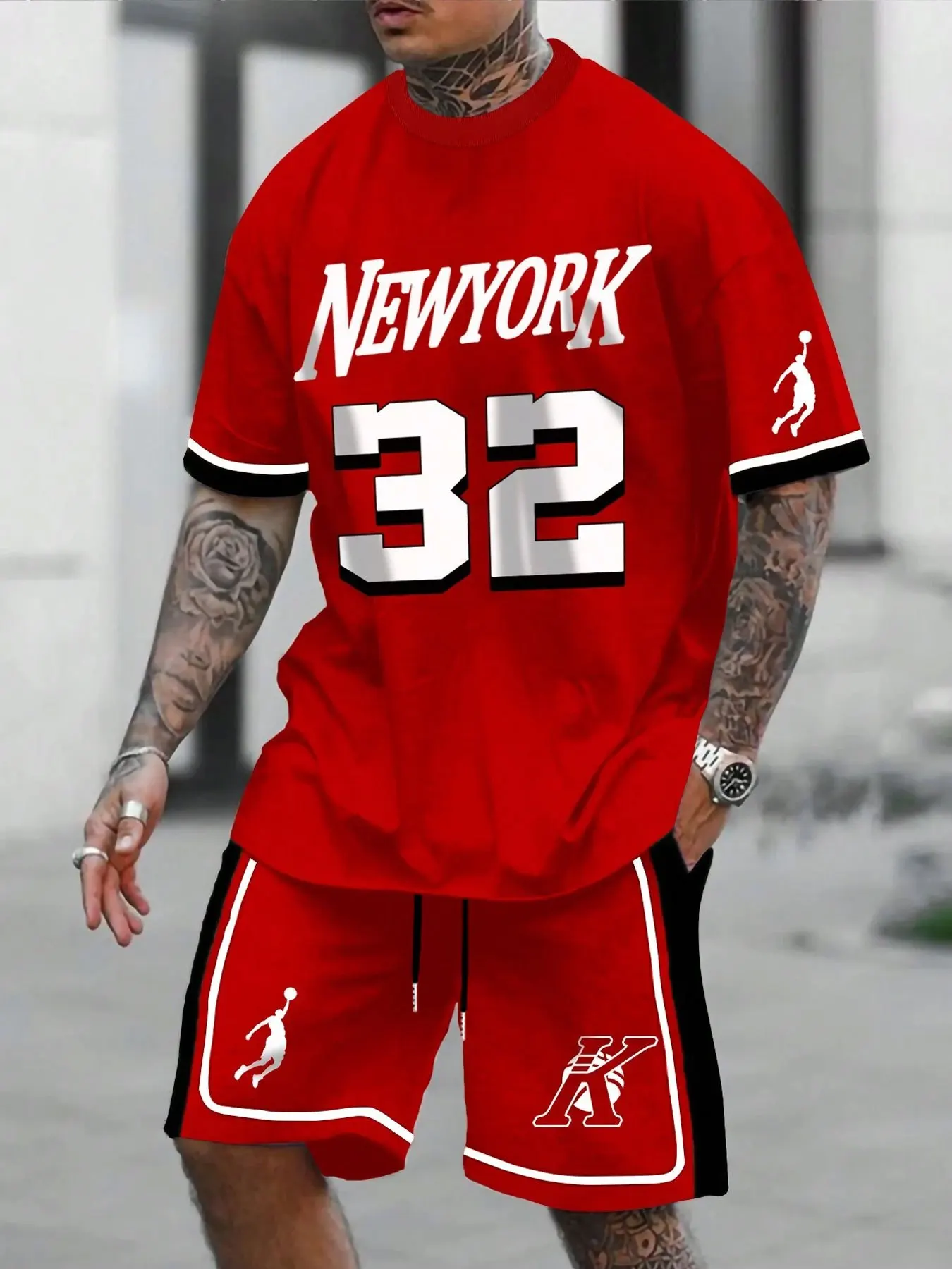 

Новое поступление 2026 года, красный NEWYORK номер 32, баскетбольная графическая повседневная мужская мода, комплект из двух предметов Y2K, повседневная одежда для взрослых, наряд