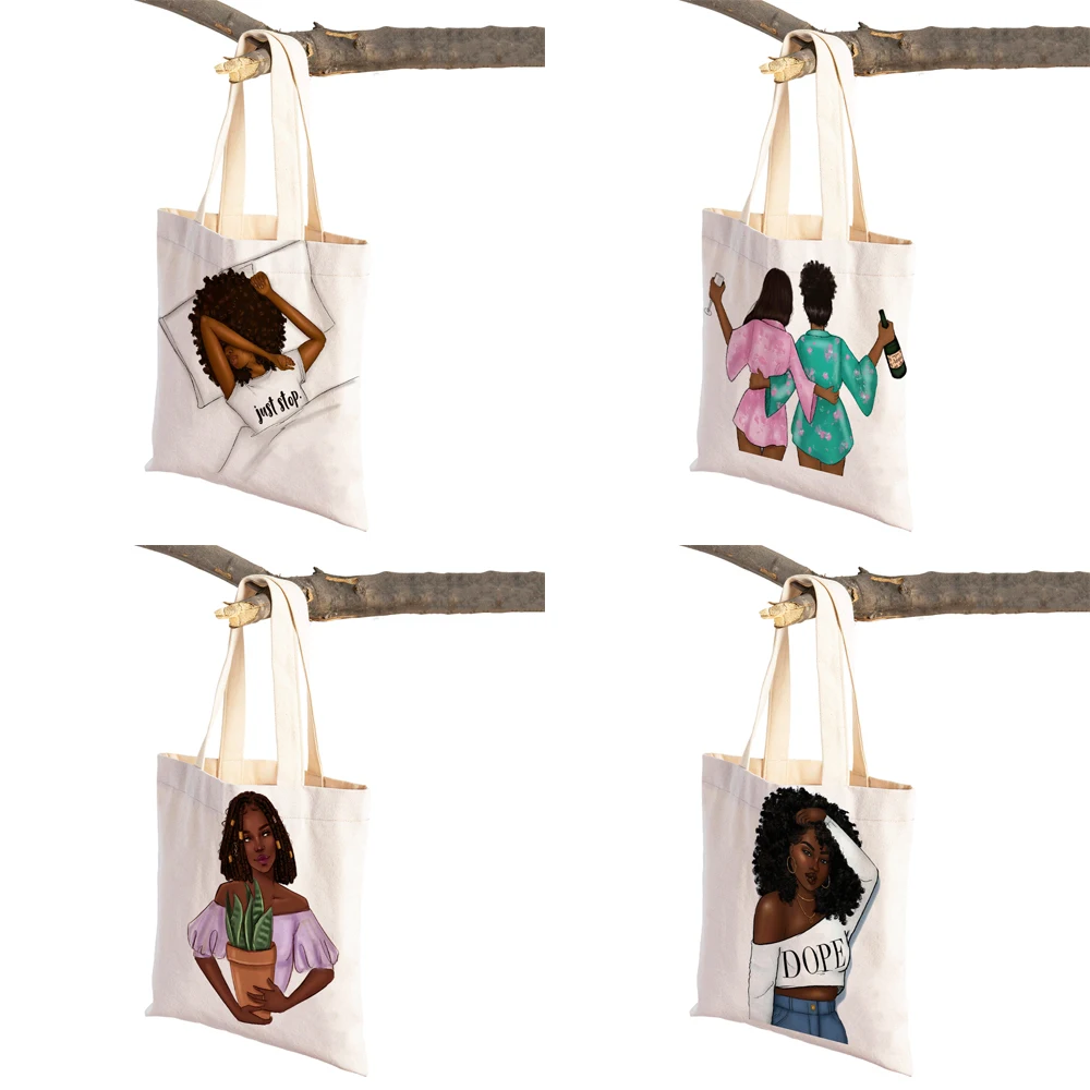 Casual African Girl Shopping Bag for Women Reusable Double Sided Print Beautiful Black Fashion Lady Canvas Tote Handbag