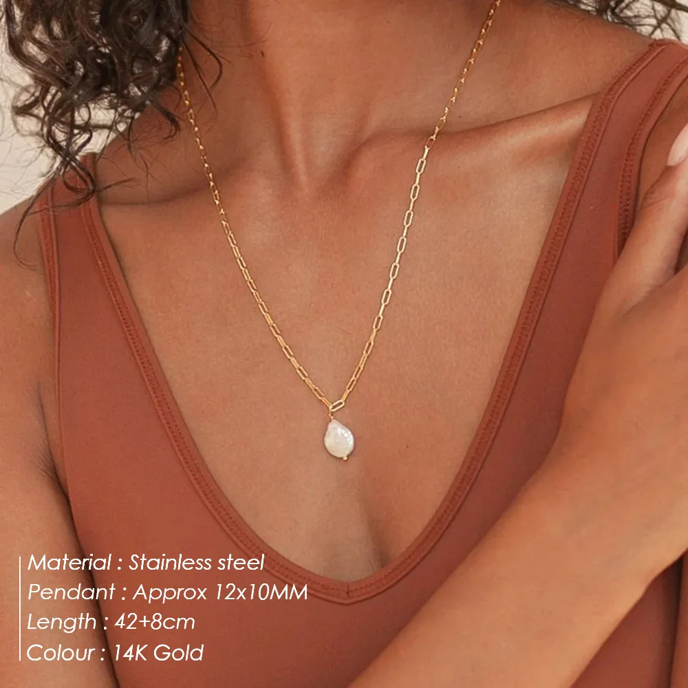 eManco Trendy Y-shaped Stainless Steel Necklace Gold Color Jewelry Rectangle Link Chain Choker Freshwater Pearl Pendant Necklace