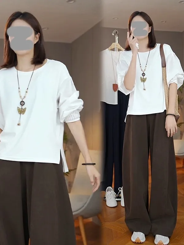 Fashionable Trendy Women's Long Sleeve T-Shirt And Straight Leg Pants Two Piece Set Simple Style Pure Color Autumn 2026