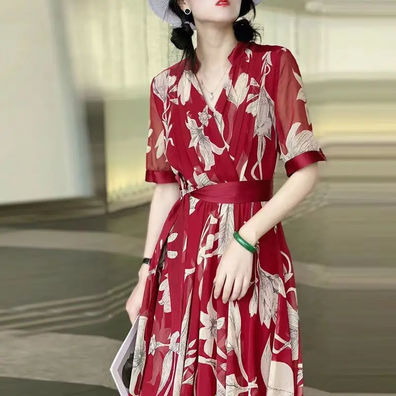 

Vintage Elegant V-Neck Dresses Summer Fashion Floral Printed Women's Clothing Short Sleeve Casual Bandage Bow A-Line Long Dress