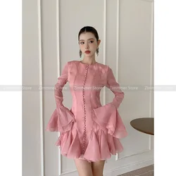 Vietnam niche design flared sleeves single-breasted waisted puffy skirt fairy wind temperament absolutely beautiful dresses