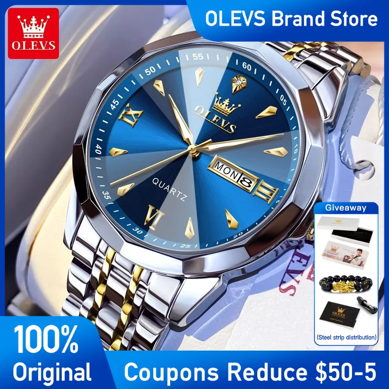 

OLEVS Mens Watch Original Rhombus Mirror Quartz Watch For Man Waterproof Luminous Stainless Steel wristwatch Dual Calendar Displ