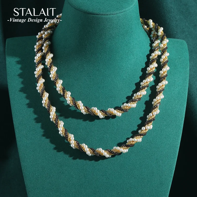 

Винтажное длинное колье-колье с жемчужным воротником, черные бусины цвета античного золота, женские роскошные дизайнерские украшения высокого качества 2025