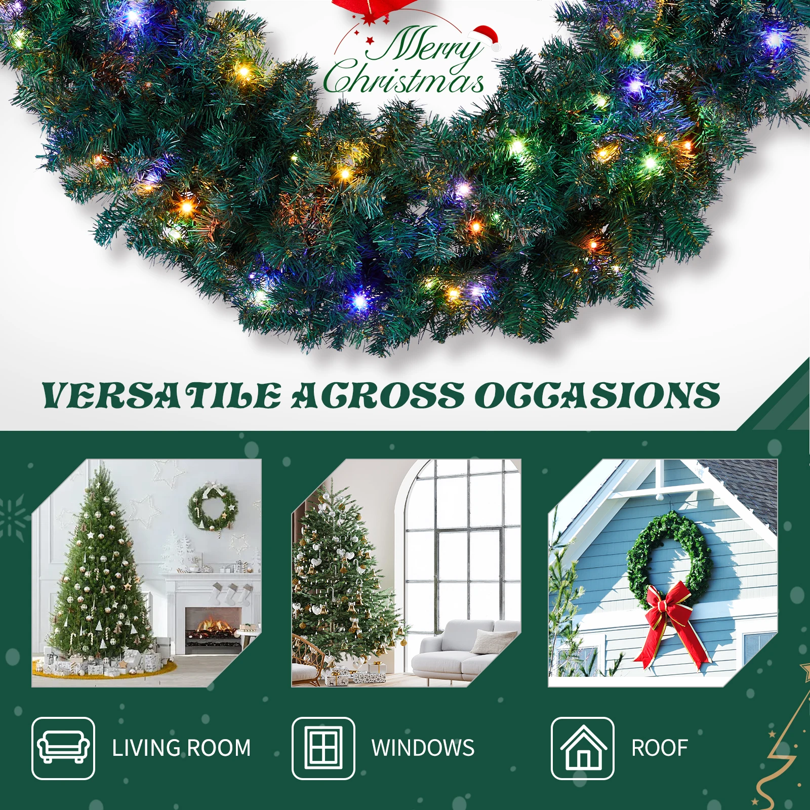 إكليل عيد الميلاد المضاء مسبقًا مقاس 60 بوصة، إكليل عيد الميلاد الاصطناعي المضاء مع 220 مصباحًا دافئًا ومتعدد الألوان و600 طرفًا من مادة PVC #5