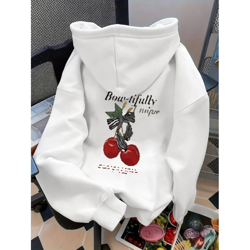 Y2k Streetwear Hoodie Halloween Gifts Red Cherry Embroidery Fall Clothes Autumn Winter Daily Wear Gift For Her