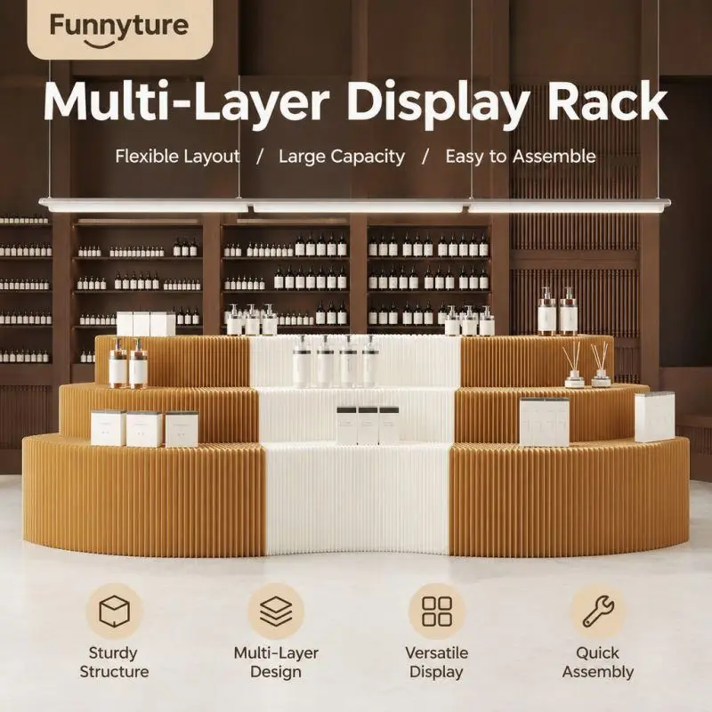 Foldable Multi-Layer Long Island Display Stand Paper Rack Space Saving Eco-Friendly for Showroom Mall Exhibition Art Display