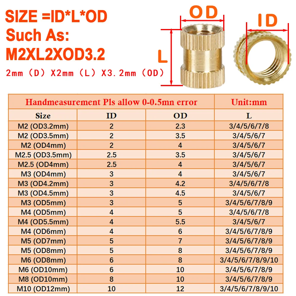 200PCS M2 M2.5 M3 M4 M6 M8 M10 Brass Heat Set Insert Nut Through Injection Moulding Knurled Thread Brass Embedded Nut 3D Printer