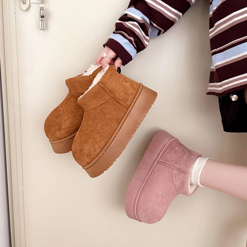 

Sweet Pink Faux Suede Snow Boots Women Winter Warm Short Plush Ankle Boots Woman Korean Non Slip Platform Booties Female