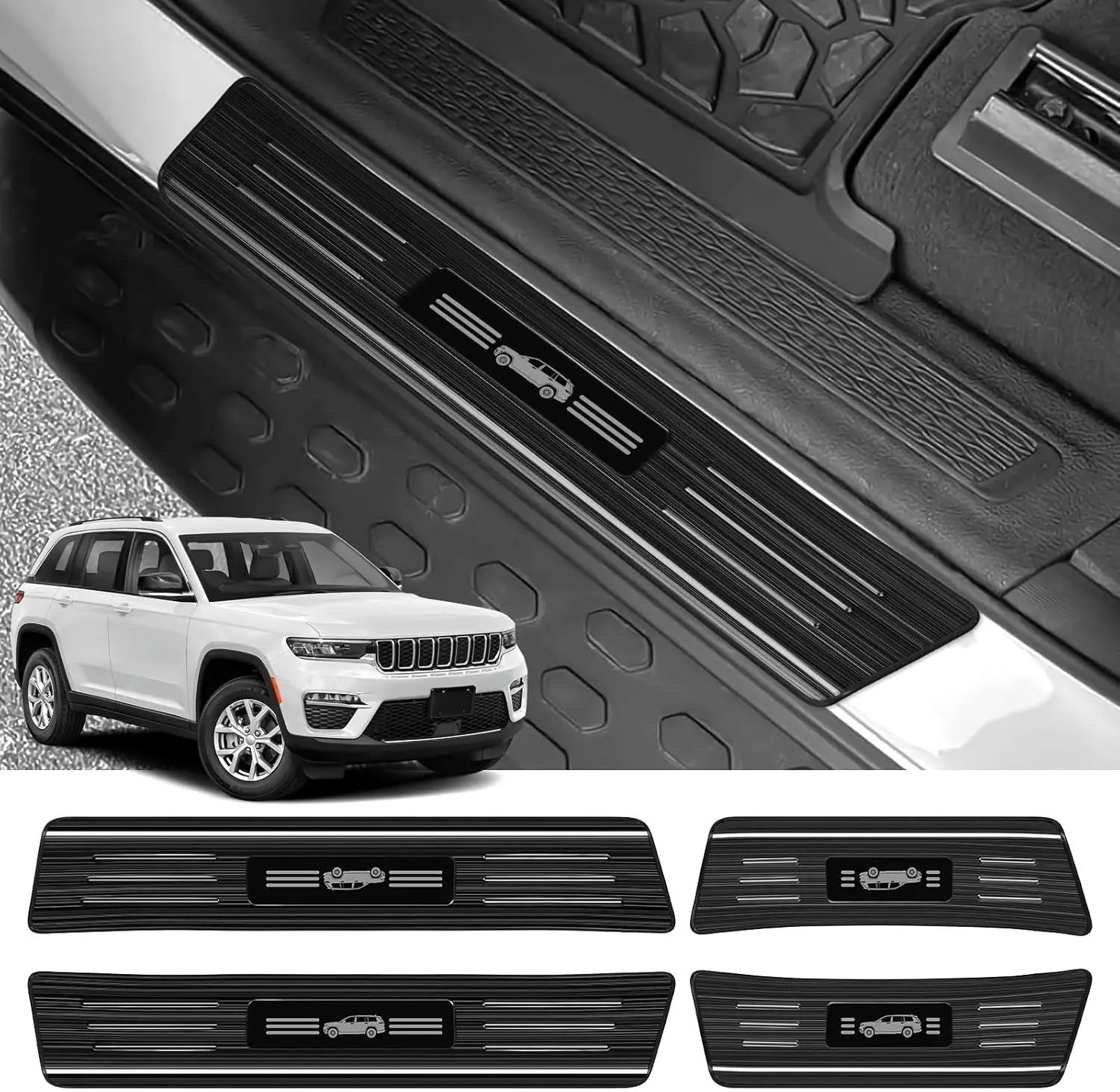 

Комплект из 4 накладок на пороги из нержавеющей стали для Jeep Grand Cherokee (кроме модели L) 2021-2026 гг.