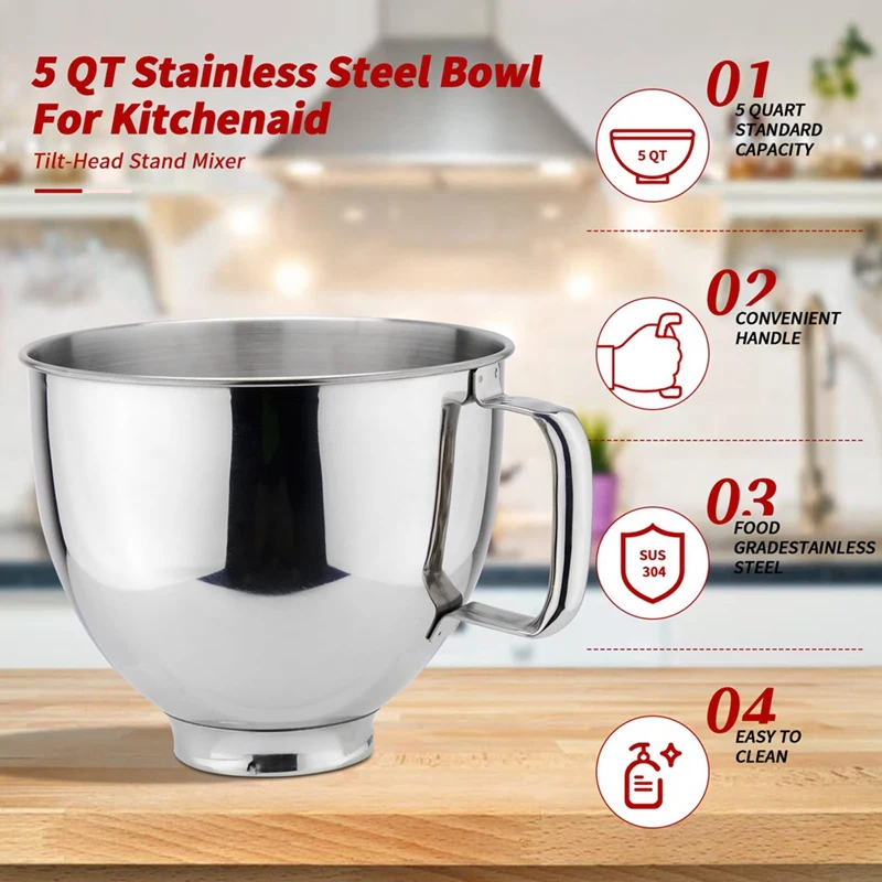 Mangkuk Mixer Stainless Steel 5QT, kompatibel dengan untuk KITCHENAID TILT-HEAD STAND Mixer 4.5-5 Quart, 5 Quart Mixing Bowl