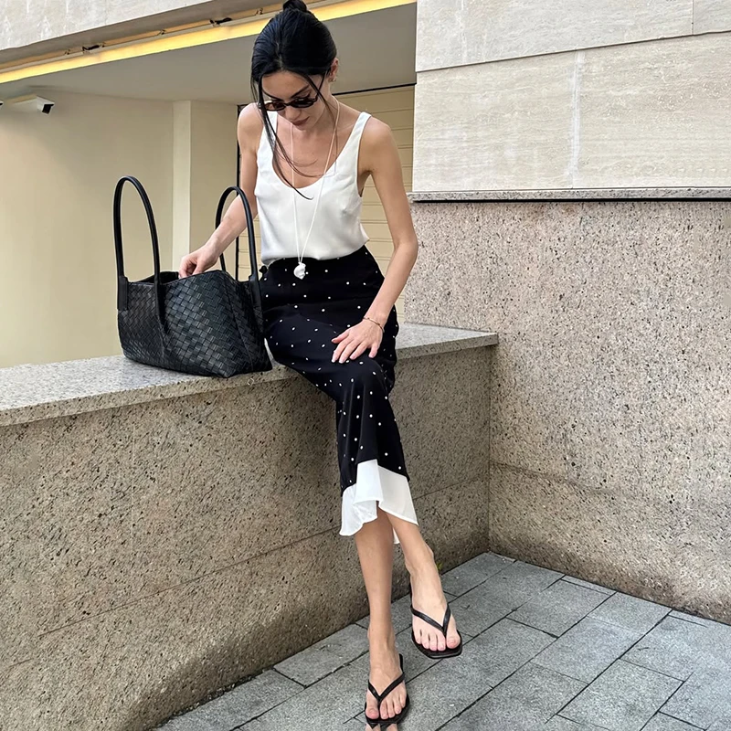 TARUXY Elegant Versatile Polka-Dot Skirt Women's Stylish Paneled Slim High-Waisted Long Skirt 2026 Spring Summer Banquet Skirt