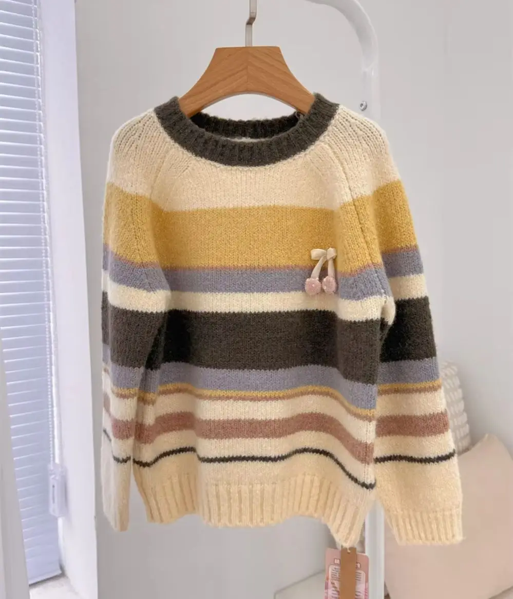 baby coat kids clothes Rainbow striped sweater with wool comfortable warm knit jacket cherry pattern Sweet girl's coat