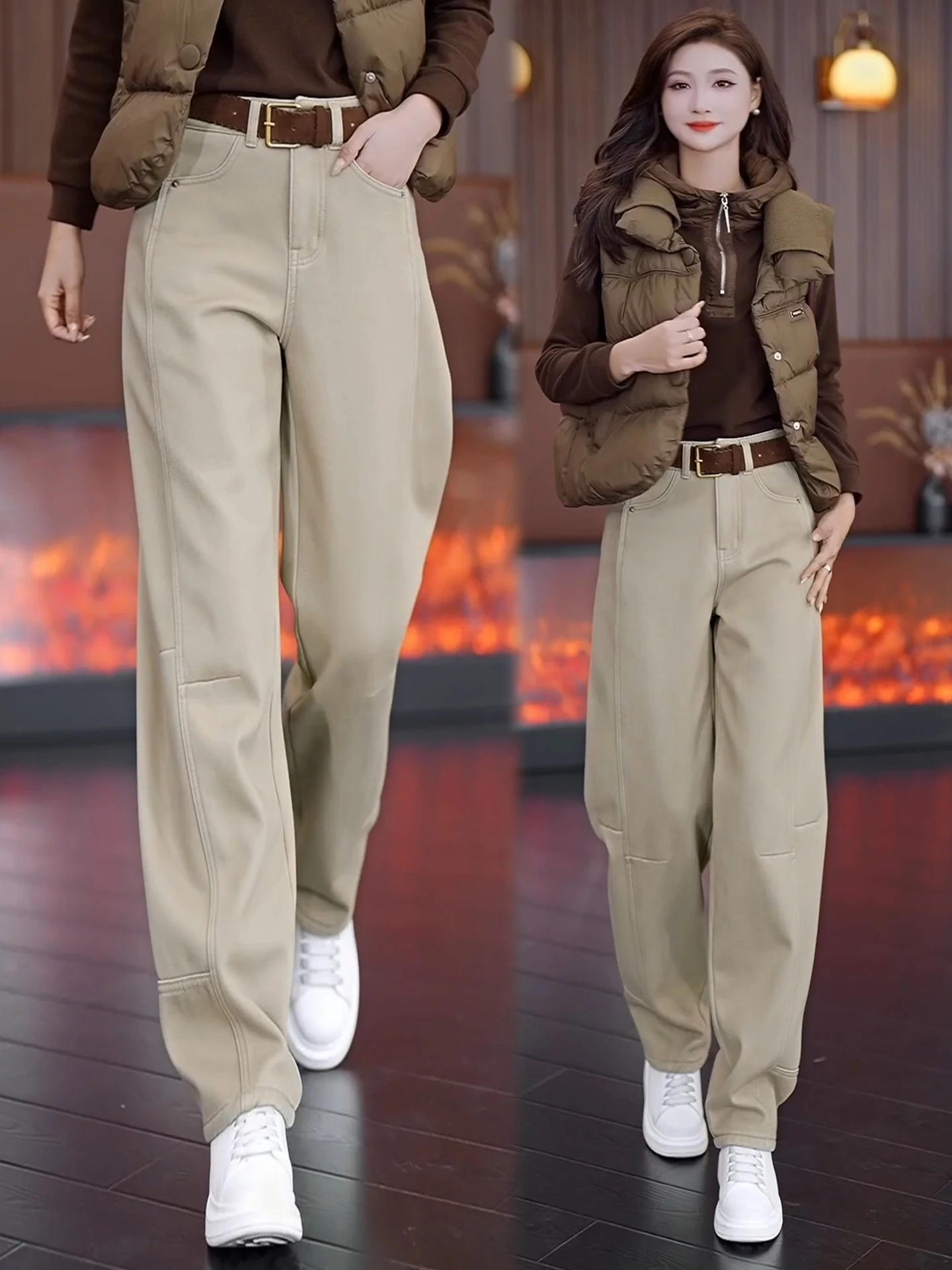 

Khaki Workwear Jeans Women's Autumn Winter High Waist Slimming Fleece Lined Casual Knife Pants Cotton Denim Casual Style