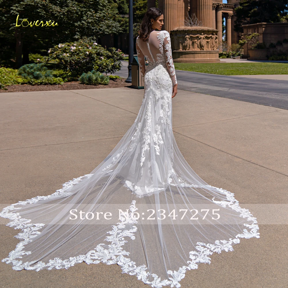 Loverxu Zeemeermin Sierlijke Trouwjurken 2024 Hoge Hals Lange Mouw Vestido De Novia Kanten Appliques Rechtbank Trein Robe De Mariee