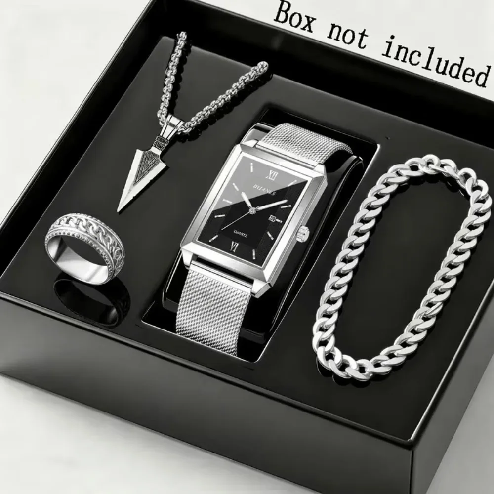 4pcs/set Fashion Men's Quartz Watch & Necklace Bracelet Set -Men's Necklaces Ring, Men's Bracelets Business Watch