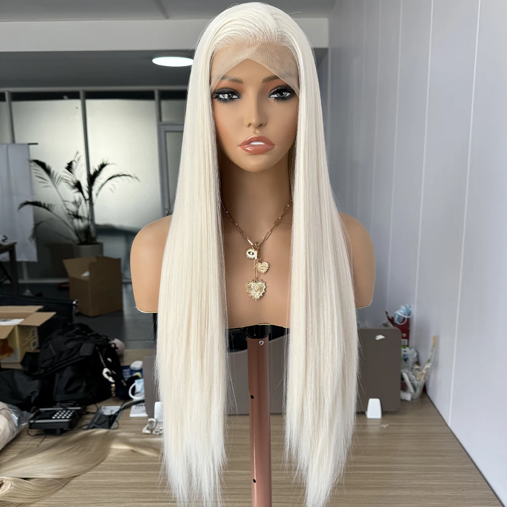 Platinum Blonde Synthetic Lace Front Wigs For Women Glueless Natural Long Straight Synthetic Hair Daily Wear Cosplay Blonde Wig