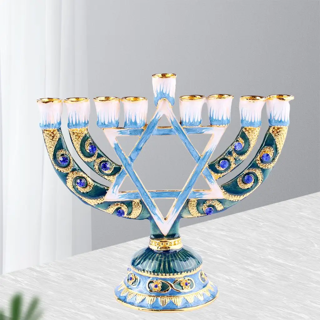 Hand Painted Menorah Candle Holder Enamel Candelabra Decor for Home Centerpiece and Feast of Dedication