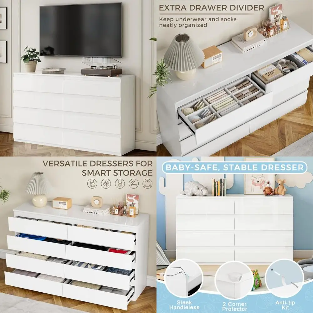 

55W x 15.4D x 32.3H White Bedroom Storage Cabinet with Wide Drawers for TV Stand or Entryway