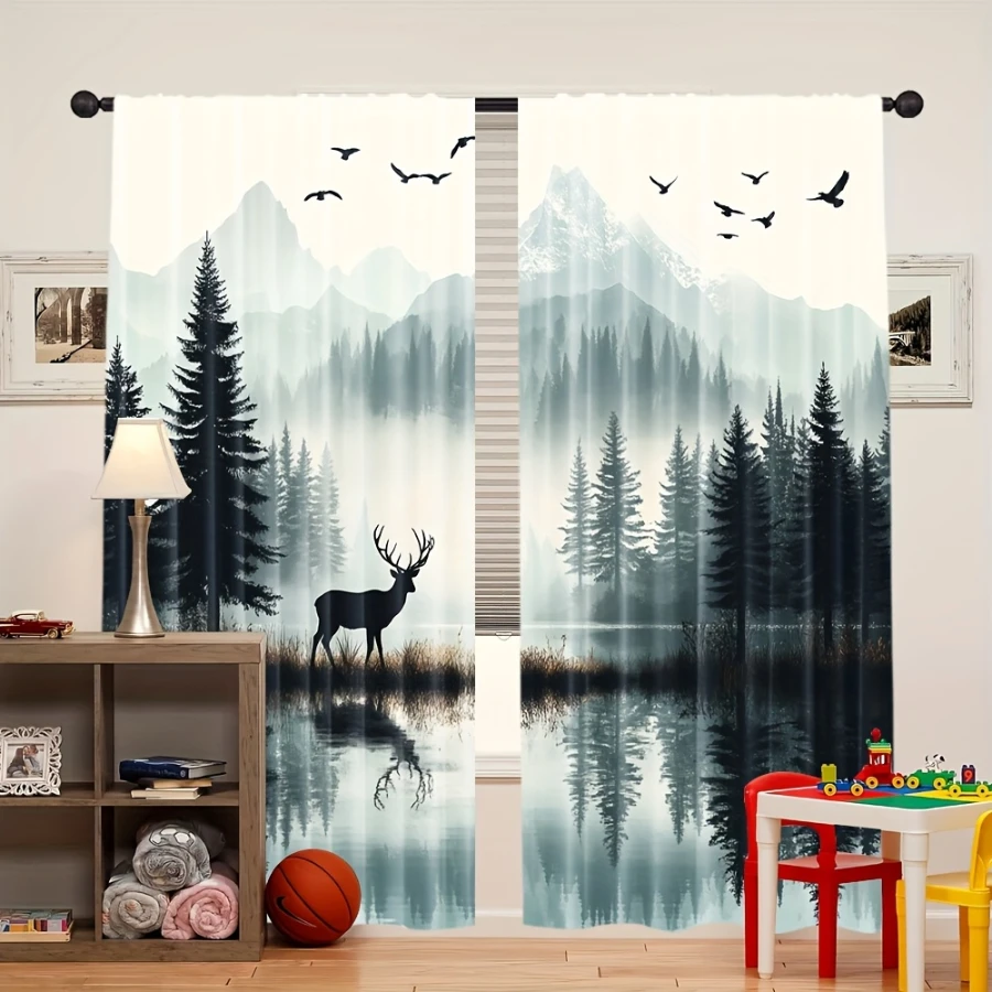 2PCS Digital Print  Curtain, Lake Light Deer Shadow, Rustic Farmhouse Window Treatment Drape for Bedroom Kitchen Decor