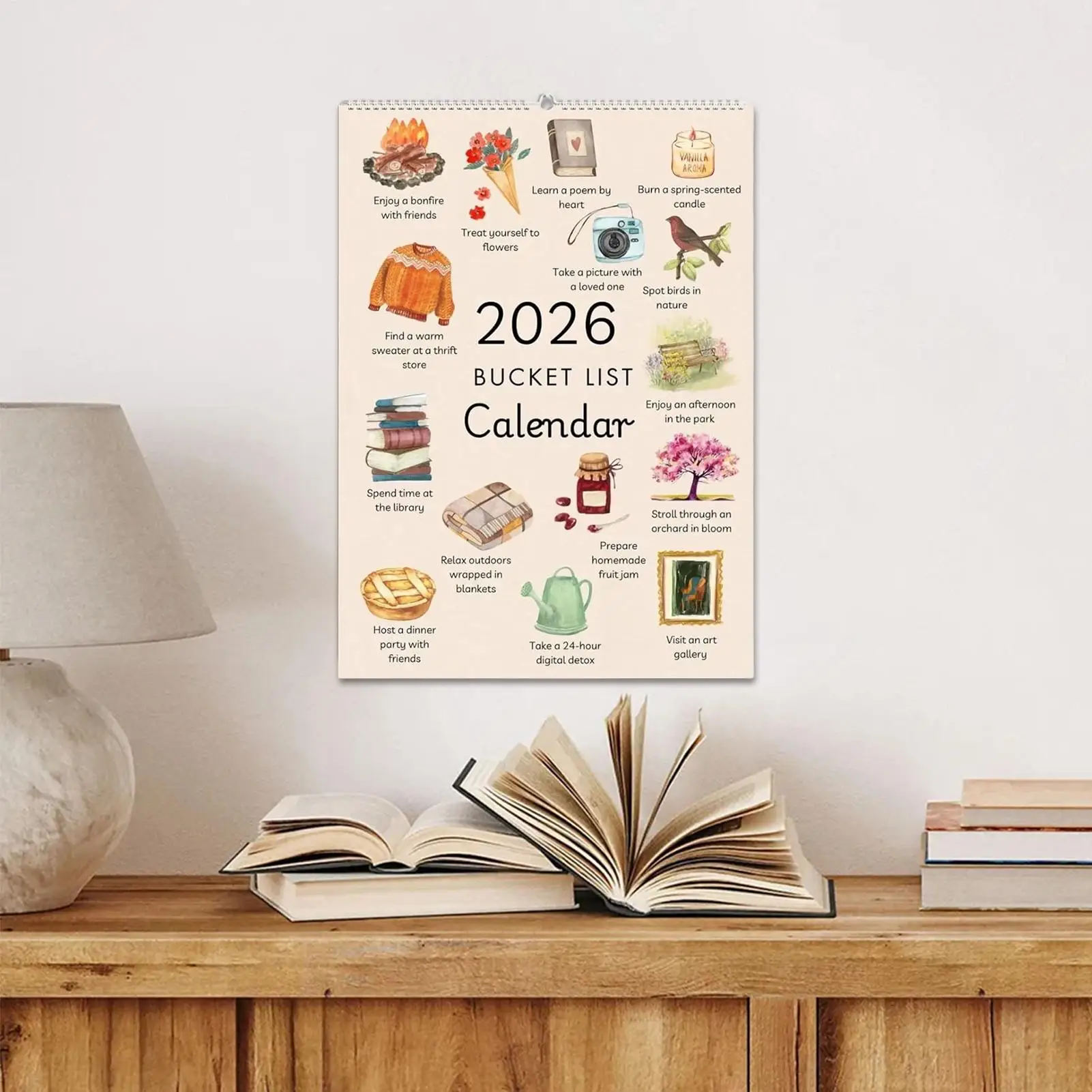 Calendario mensile da parete per l'intero anno 2026 con illustrazioni ispiratrici Planner per obiettivi artistici ad acquerello per l'ufficio in classe