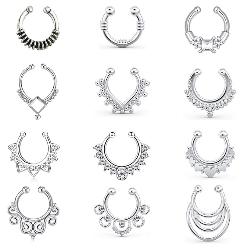 12 pieces of fake nasal septum nasal band Sparkle Cubic zircon artificial non-perforated ring hook nasal septum ring clamp