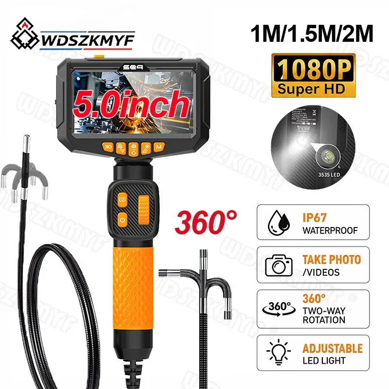 Industrial Endoscope Camera 6.0mm Lens 360° Rotatable 1080P HD 5 Inch IP67 Waterproof for Car Engine Repair Pipe Leak Detection
