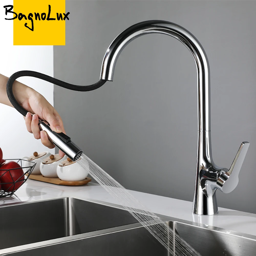 BagnoluxBrassChromeBlackBrushedGoldSprayRotationDeckMountedHotAndColdWaterSinkTapsPullOutSpoutKitchenFaucet