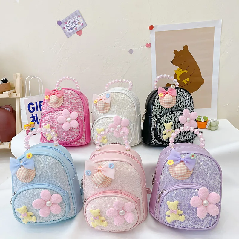 Cute baby PU sequined backpack for kindergarten kids, little princess for going out to play, snack small schoolbag