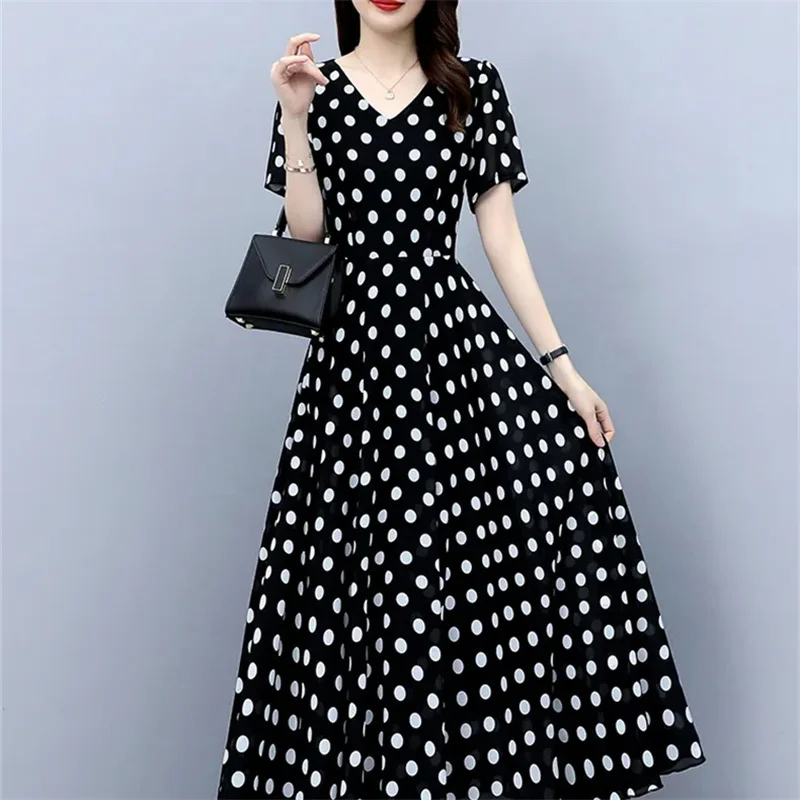 여성용 우아한 시폰 맥시 원피스, 웨이브 포인트 롱 미디 바디콘, 캐주얼 비치 무도회 로브, 2024 여름 드레스