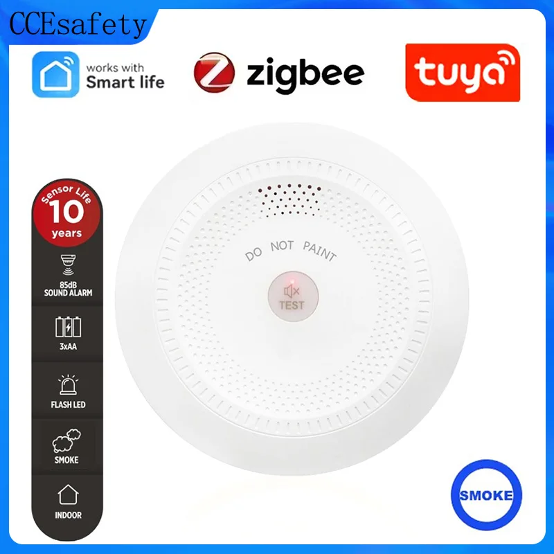 Детектор дыма Tuya Smart ZigBee, пожарная сигнализация, фотоэлектрический датчик дыма, сертифицирован CE EN14604, батарейки AA, сигнализация 85 дБ для дома