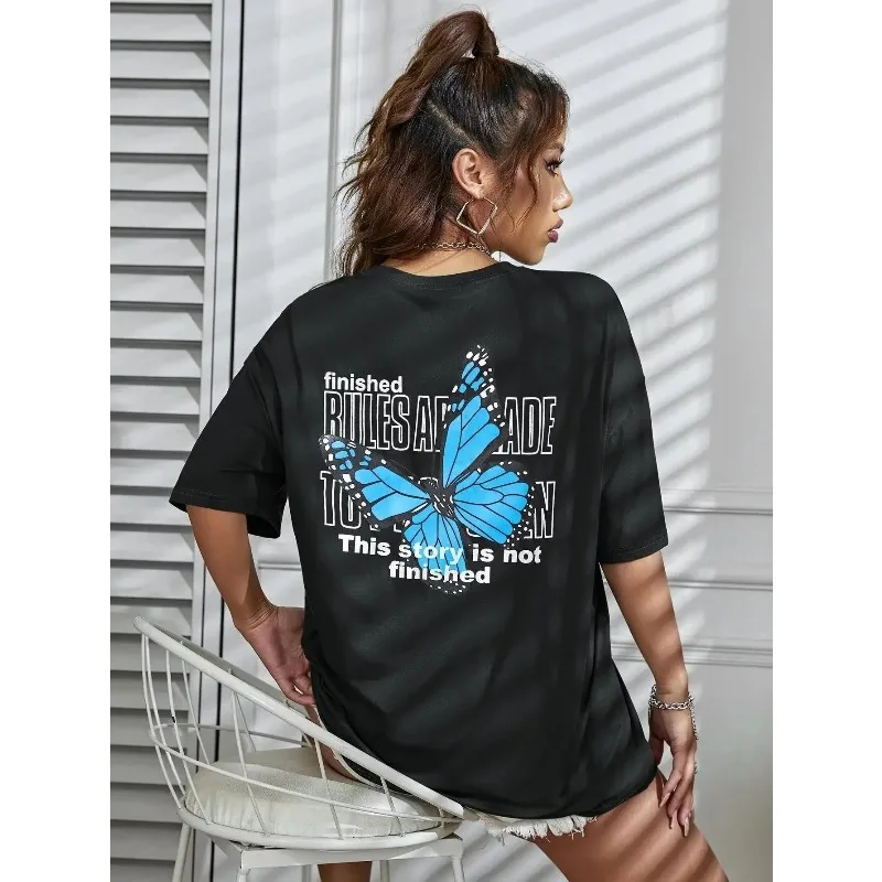 

Art Word and Blue Butterfly Printed Women T-Shirt Casual Short Sleeve Breathable Summer T Shirt Street Clothing Graphic T Shirts