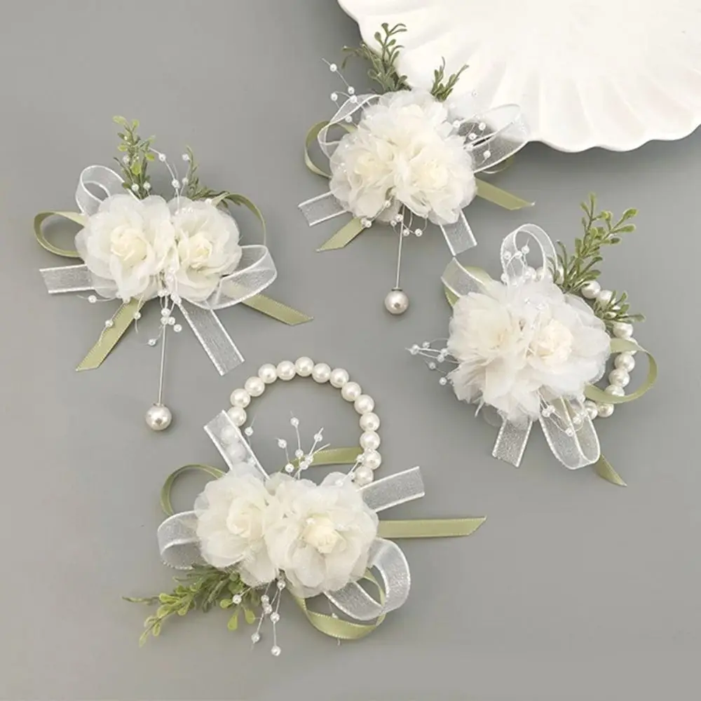 

Artificial Flower Bridesmaid Wrist Flowers Ribbon Rhinestone Wrist Corsage Pearl Bracelet Forest Weeding