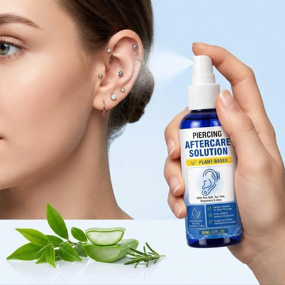 Portable Piercing Aftercare Cleansing Spray 60ml Fine Mist Plant‑Based Sea Salt Formula, Non‑Sticky Press‑Type Piercing Care