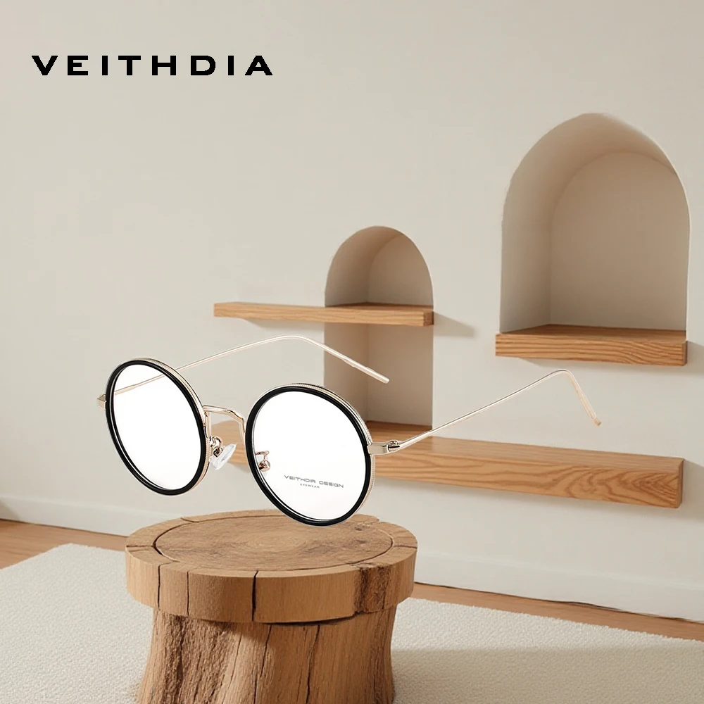veithdia-抗ブルーライト眼鏡ラウンドレトロメガネフレーム合金眼鏡ファッション老眼鏡男性と女性のための-ef1225