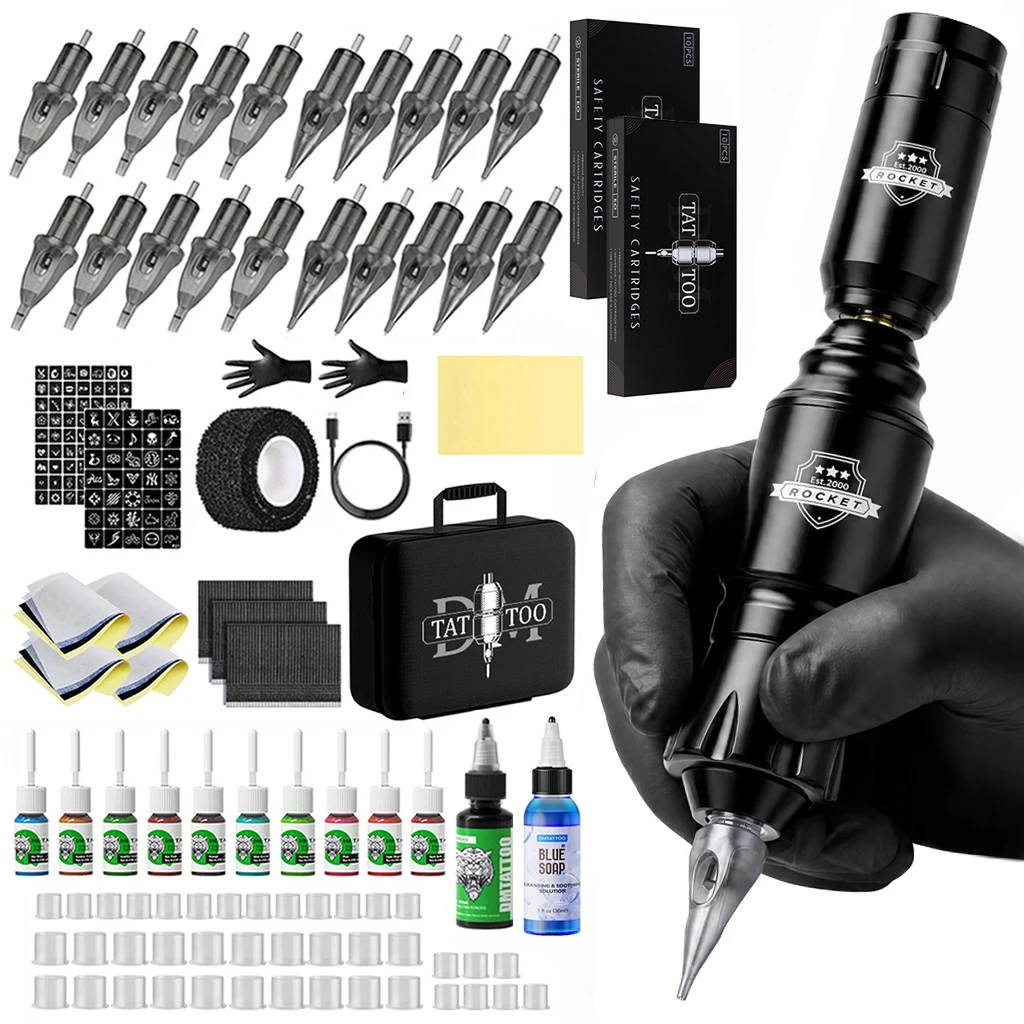 DM Tattoo Machine Kit Wireless Tattoo Pen Rocket Tattoo Machine With 1200mAh Wireless Tattoo Battery Permanent Makeup Tattoo Kit