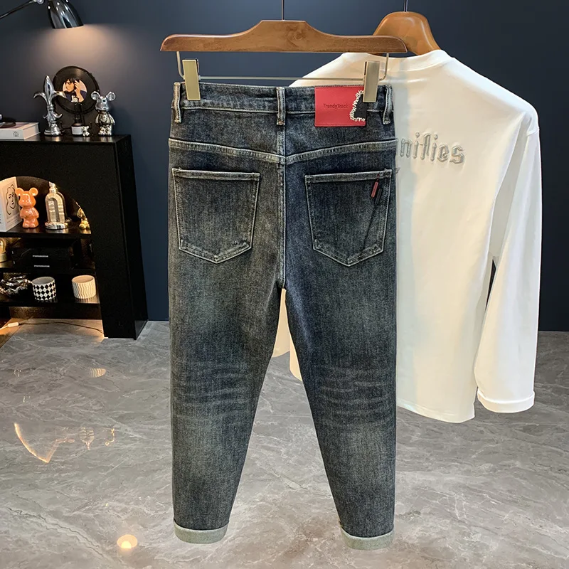 Новинка 2023 года, конические джинсы Micro Haren для мужчин, осенние модные универсальные повседневные эластичные свободные брюки на маленьких ножках